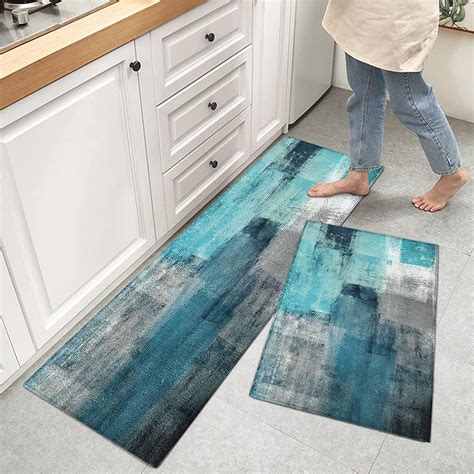 Turquoise kitchen rugs - KITHOME Contemporary Non-Slip Area Rug Turquoise and Grey Abstract Art Painting Teal Printed Rugs Art Carnival Rubber Backing Living Room Floor Mats Rectangle Area Rug Carpet for Indoor 2.7'x5' ... TOMWISH Rugs for Kitchen Floor, Area Rug Turquoise and Grey Abstract Art Painting 17"X48"+17"X24" Non-Slip Rug Set for Dining …